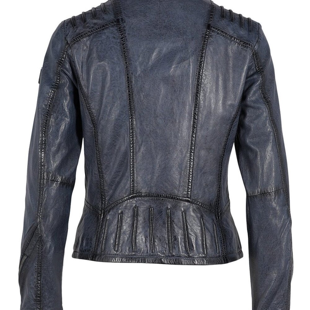 Navy Leather Biker Jacket for Women - Picture 2 of 4